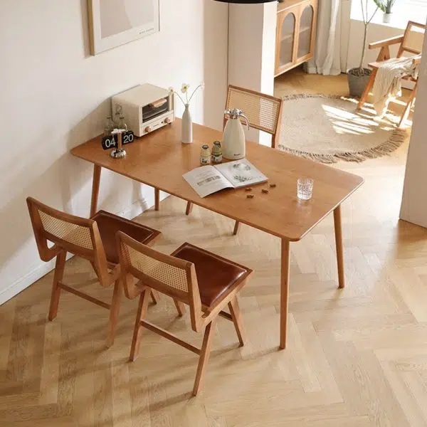 Contemporary Retro Leather Rubber Wood Rattan Dining Chair Backrest Armless For Dining Room - Image 12