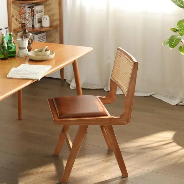 Contemporary Retro Leather Rubber Wood Rattan Dining Chair Backrest Armless For Dining Room - Image 13