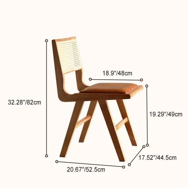 Contemporary Retro Leather Rubber Wood Rattan Dining Chair Backrest Armless For Dining Room - Image 4