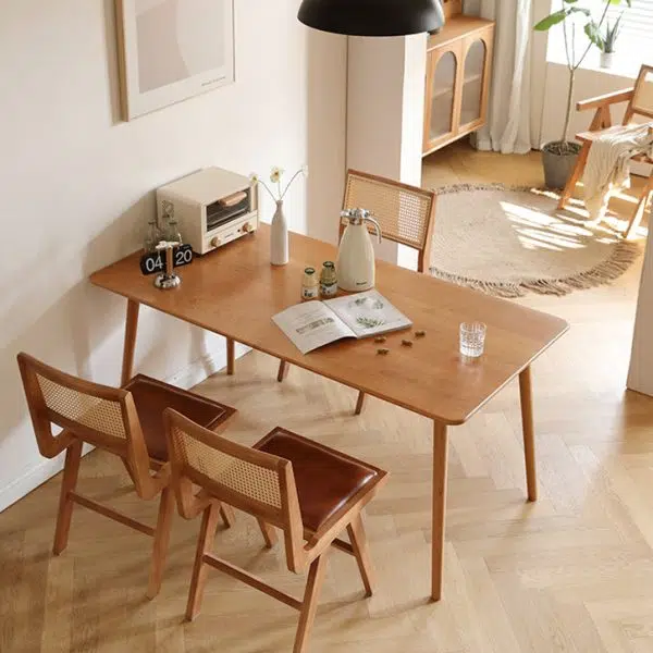 Contemporary Retro Leather Rubber Wood Rattan Dining Chair Backrest Armless For Dining Room - Image 7