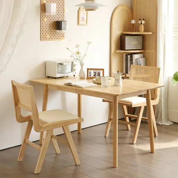 Contemporary Retro Leather Rubber Wood Rattan Dining Chair Backrest Armless For Dining Room - Image 8