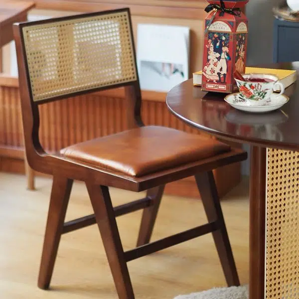 Contemporary Retro Leather Rubber Wood Rattan Dining Chair Backrest Armless For Dining Room - Image 11