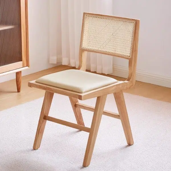 Contemporary Retro Leather Rubber Wood Rattan Dining Chair Backrest Armless For Dining Room - Image 15