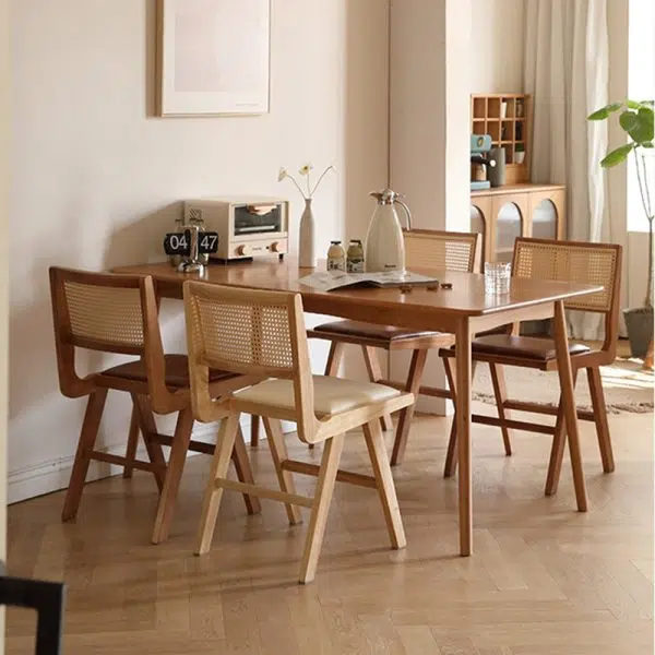 Contemporary Retro Leather Rubber Wood Rattan Dining Chair Backrest Armless For Dining Room - Image 9