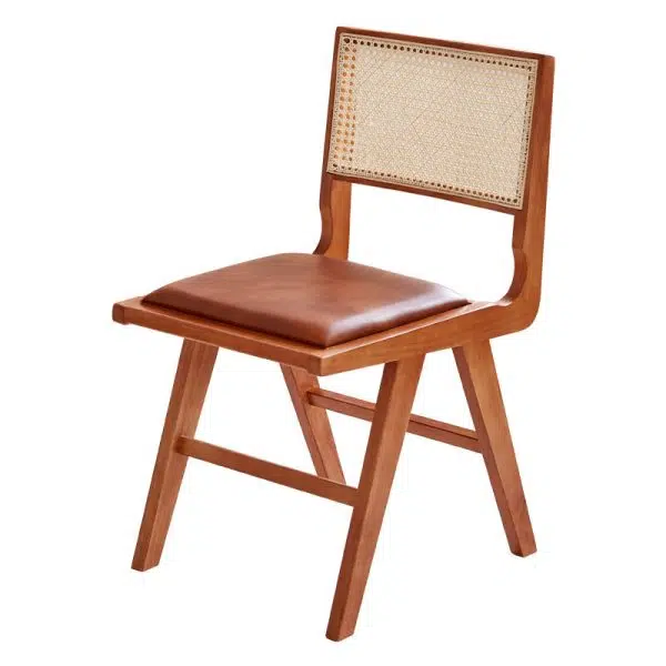 Contemporary Retro Leather Rubber Wood Rattan Dining Chair Backrest Armless For Dining Room - Image 19