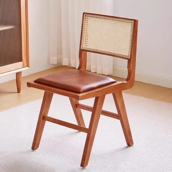 Contemporary Retro Leather Rubber Wood Rattan Dining Chair Backrest Armless For Dining Room - Image 16