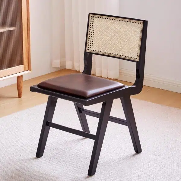 Contemporary Retro Leather Rubber Wood Rattan Dining Chair Backrest Armless For Dining Room - Image 18