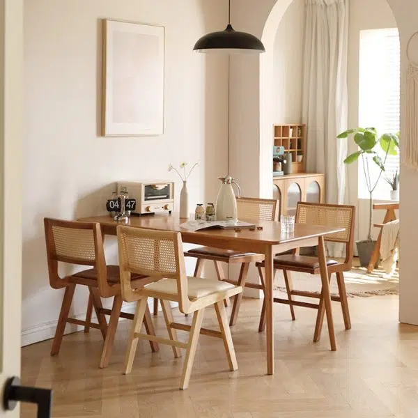 Contemporary Retro Leather Rubber Wood Rattan Dining Chair Backrest Armless For Dining Room - Image 2