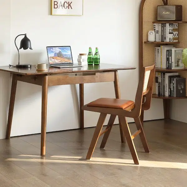 Contemporary Retro Leather Rubber Wood Rattan Dining Chair Backrest Armless For Dining Room - Image 3