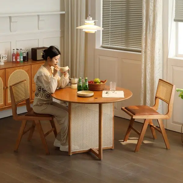 Contemporary Retro Leather Rubber Wood Rattan Dining Chair Backrest Armless For Dining Room - Image 14