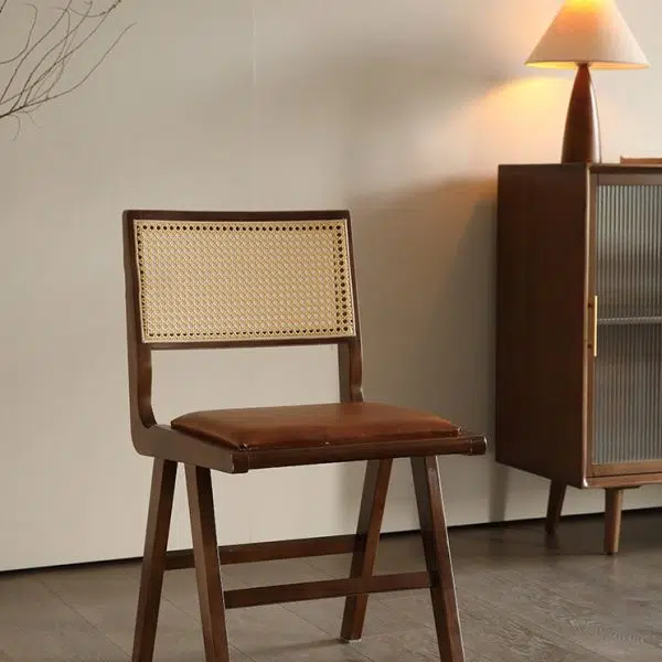 Contemporary Retro Leather Rubber Wood Rattan Dining Chair Backrest Armless For Dining Room - Image 6