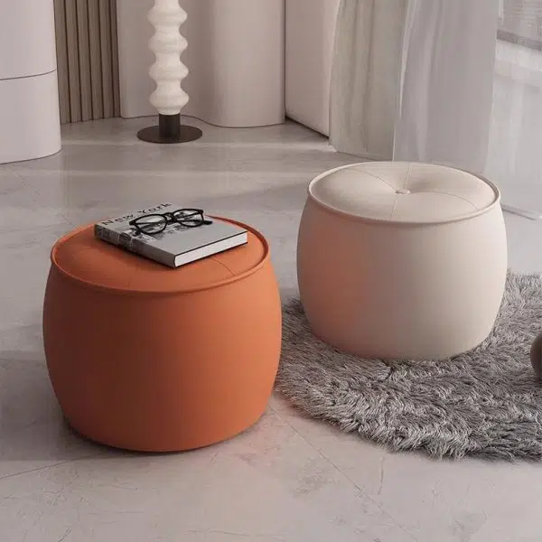 Contemporary Nordic Cylinder Leather Solid Wood Footstool For Living Room - Image 5