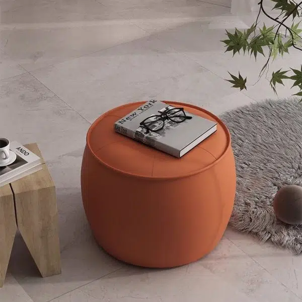 Contemporary Nordic Cylinder Leather Solid Wood Footstool For Living Room - Image 7