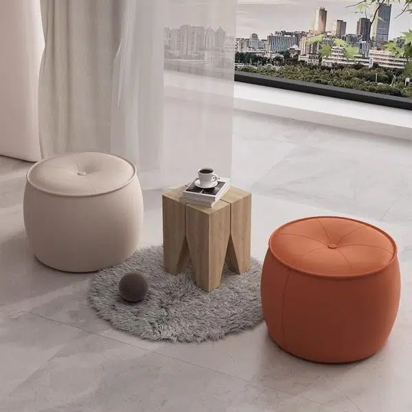 Contemporary Nordic Cylinder Leather Solid Wood Footstool For Living Room - Image 2