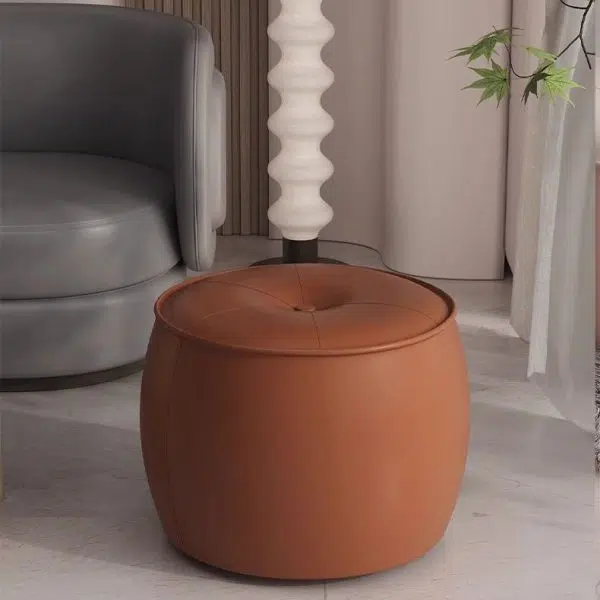 Contemporary Nordic Cylinder Leather Solid Wood Footstool For Living Room - Image 9