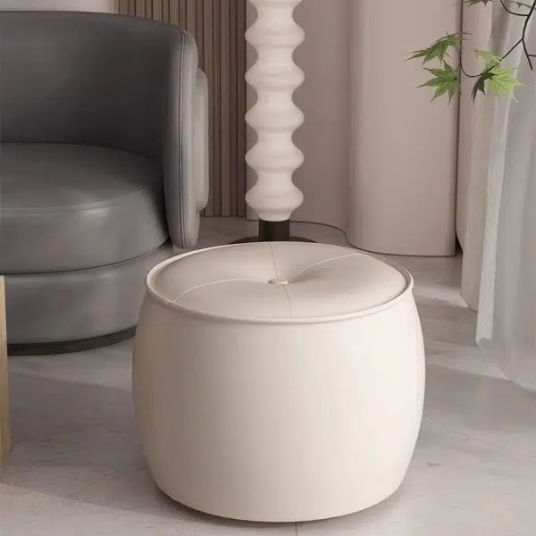 Contemporary Nordic Cylinder Leather Solid Wood Footstool For Living Room - Image 13