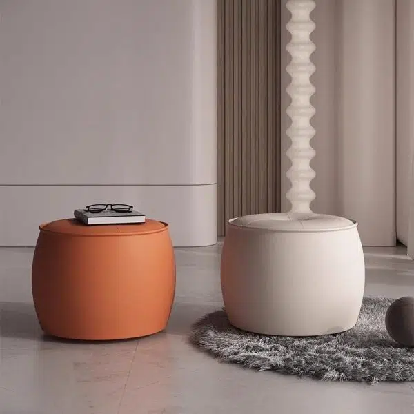 Contemporary Nordic Cylinder Leather Solid Wood Footstool For Living Room - Image 6