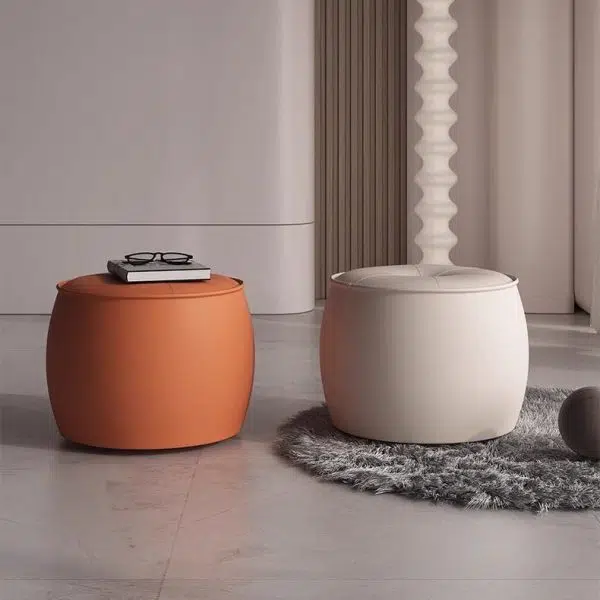 Contemporary Nordic Cylinder Leather Solid Wood Footstool For Living Room - Image 3