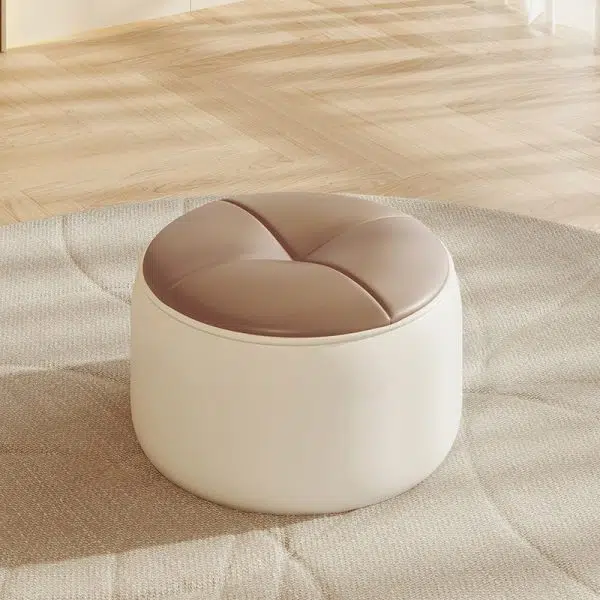 Contemporary Nordic Cylinder Pumpkin Shape Leather Solid Wood Footstool For Living Room - Image 2