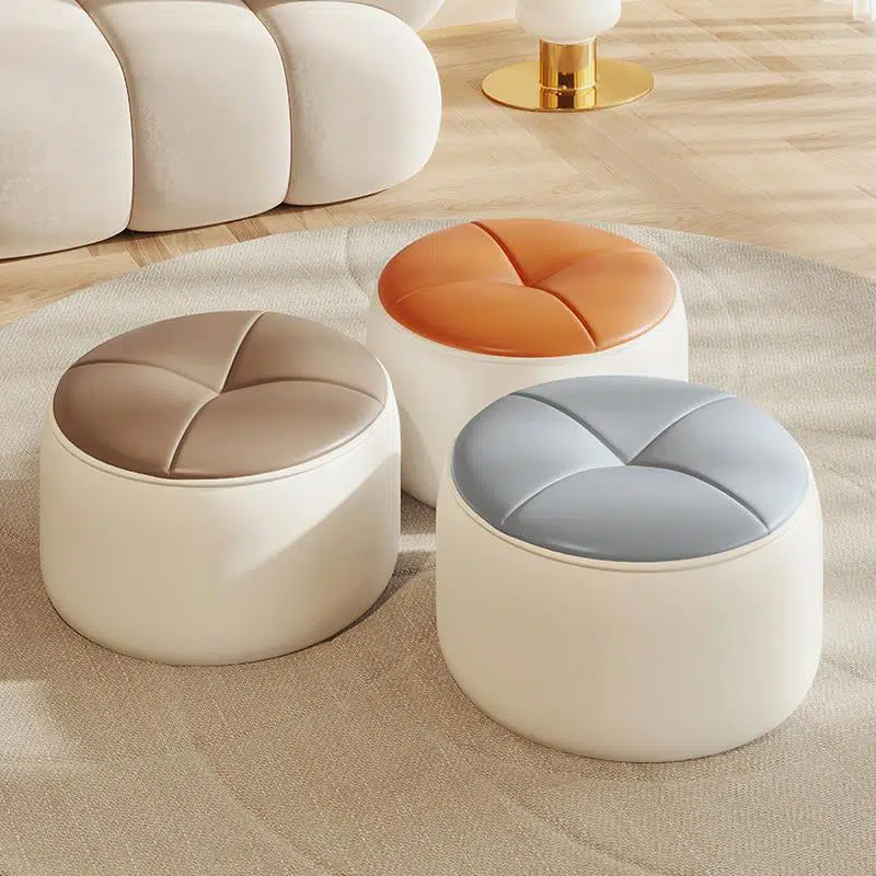 DFM-Chair-FA00712-5.jpg Contemporary Nordic Cylinder Pumpkin Shape Leather Solid Wood Footstool For Living Room - Image 1