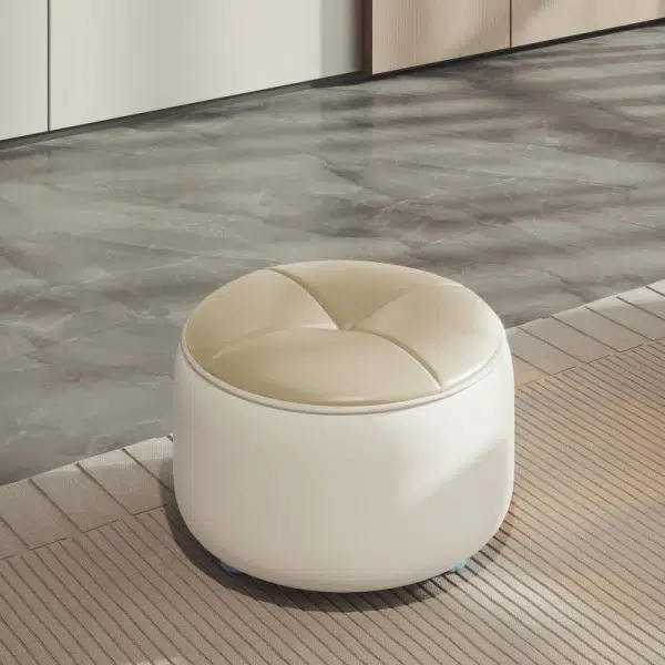 Contemporary Nordic Cylinder Pumpkin Shape Leather Solid Wood Footstool For Living Room - Image 7