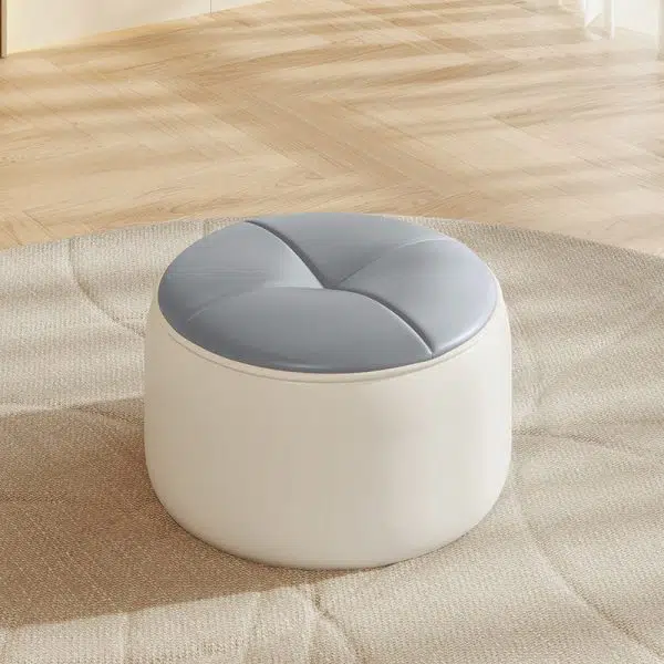 Contemporary Nordic Cylinder Pumpkin Shape Leather Solid Wood Footstool For Living Room - Image 8
