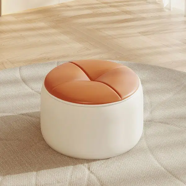 Contemporary Nordic Cylinder Pumpkin Shape Leather Solid Wood Footstool For Living Room - Image 3