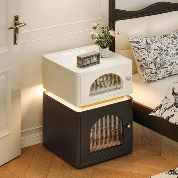 Contemporary Nordic Rectangle Cube Socket Light Strip Density Board Hardware Nightstand 2 - Cabinet For Bedroom - Image 12