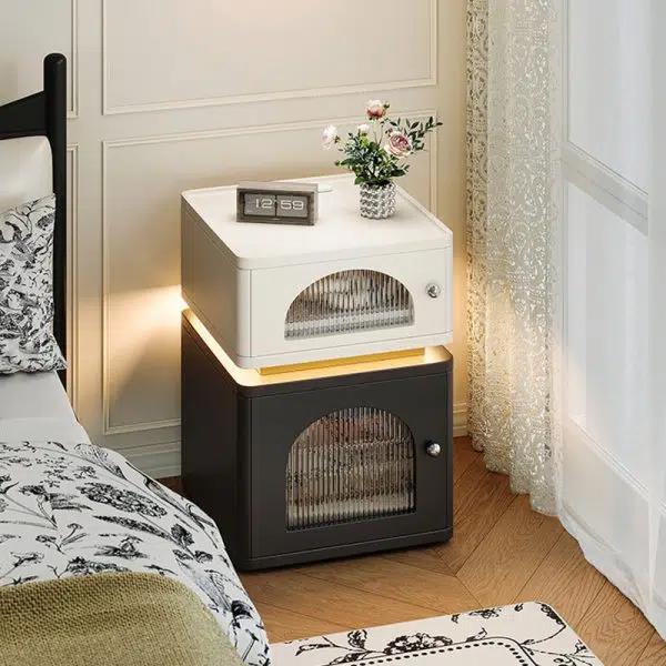 Contemporary Nordic Rectangle Cube Socket Light Strip Density Board Hardware Nightstand 2 - Cabinet For Bedroom - Image 13