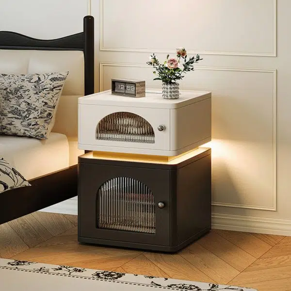 Contemporary Nordic Rectangle Cube Socket Light Strip Density Board Hardware Nightstand 2 - Cabinet For Bedroom - Image 2