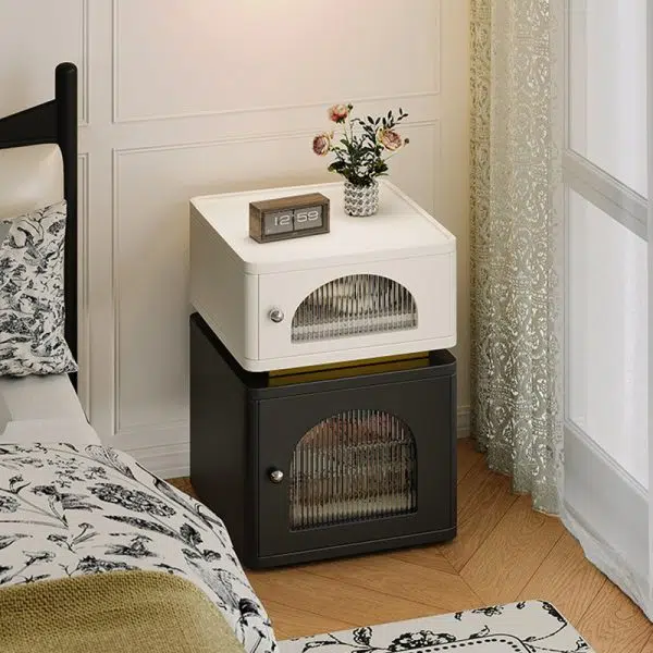 Contemporary Nordic Rectangle Cube Socket Light Strip Density Board Hardware Nightstand 2 - Cabinet For Bedroom - Image 15