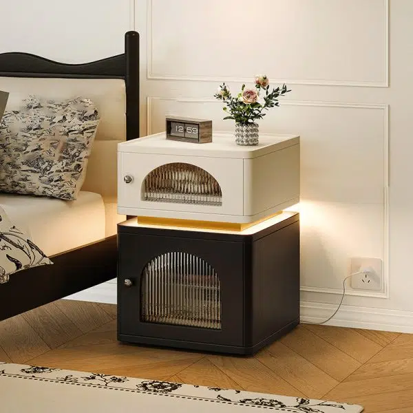 Contemporary Nordic Rectangle Cube Socket Light Strip Density Board Hardware Nightstand 2 - Cabinet For Bedroom - Image 11