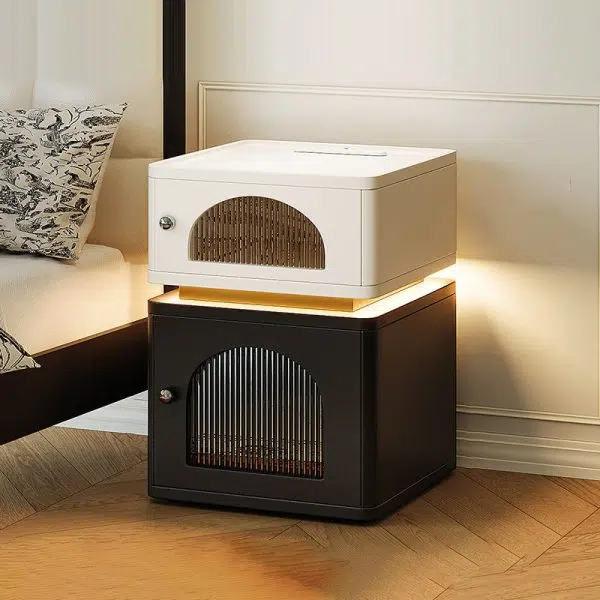 Contemporary Nordic Rectangle Cube Socket Light Strip Density Board Hardware Nightstand 2 - Cabinet For Bedroom - Image 17