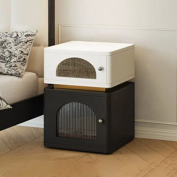 Contemporary Nordic Rectangle Cube Socket Light Strip Density Board Hardware Nightstand 2 - Cabinet For Bedroom - Image 18