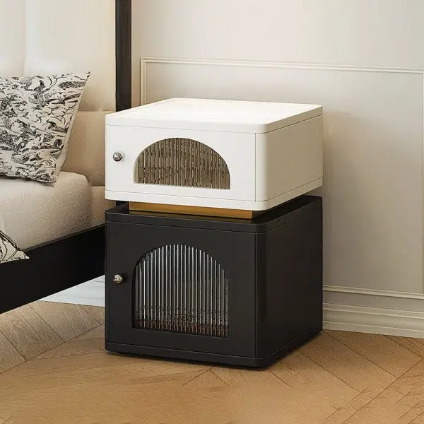 Contemporary Nordic Rectangle Cube Socket Light Strip Density Board Hardware Nightstand 2 - Cabinet For Bedroom - Image 19