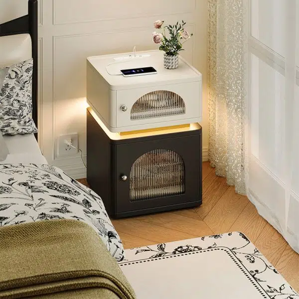 Contemporary Nordic Rectangle Cube Socket Light Strip Density Board Hardware Nightstand 2 - Cabinet For Bedroom - Image 14