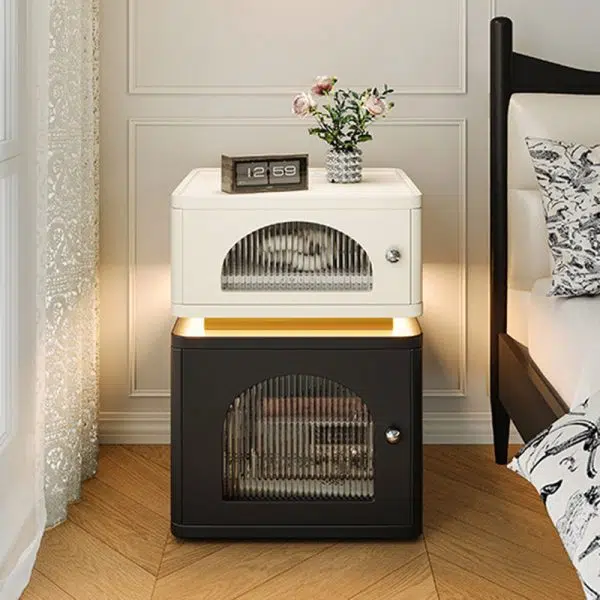 Contemporary Nordic Rectangle Cube Socket Light Strip Density Board Hardware Nightstand 2 - Cabinet For Bedroom - Image 10