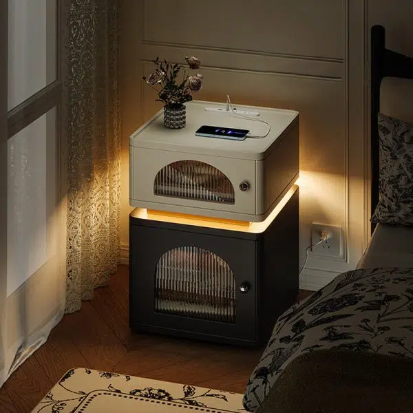 Contemporary Nordic Rectangle Cube Socket Light Strip Density Board Hardware Nightstand 2 - Cabinet For Bedroom - Image 9