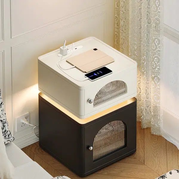 Contemporary Nordic Rectangle Cube Socket Light Strip Density Board Hardware Nightstand 2 - Cabinet For Bedroom - Image 7