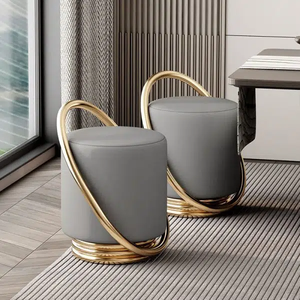 Contemporary Nordic Cylinder Iron Leather Vanity Stool Backless Armless For Bedroom - Image 3