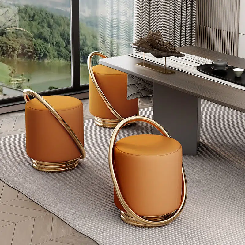 DFM-Chair-FA01059-2.jpg Contemporary Nordic Cylinder Iron Leather Vanity Stool Backless Armless For Bedroom - Image 1