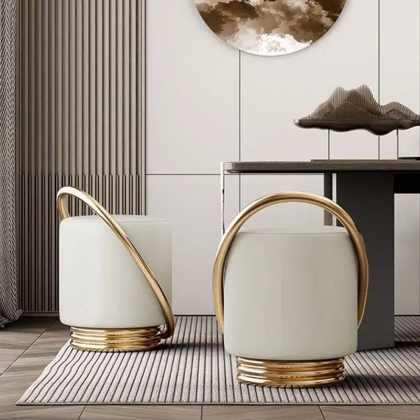 Contemporary Nordic Cylinder Iron Leather Vanity Stool Backless Armless For Bedroom - Image 2