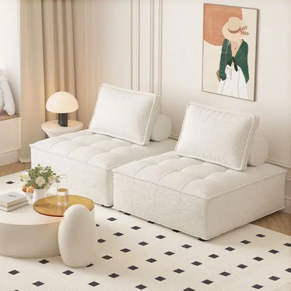 Contemporary Nordic Square Block Solid Wood Lambswool Technology Fabric Cotton Linen Sofa Backless Armless For Living Room