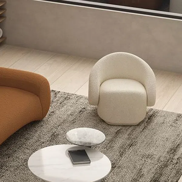 Contemporary Nordic Curved Back Square Cube Base Lambswool Solid Wood Chair Backrest Armless For Living Room - Image 2