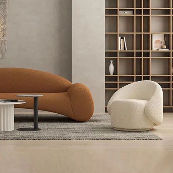 Contemporary Nordic Curved Back Square Cube Base Lambswool Solid Wood Chair Backrest Armless For Living Room - Image 3