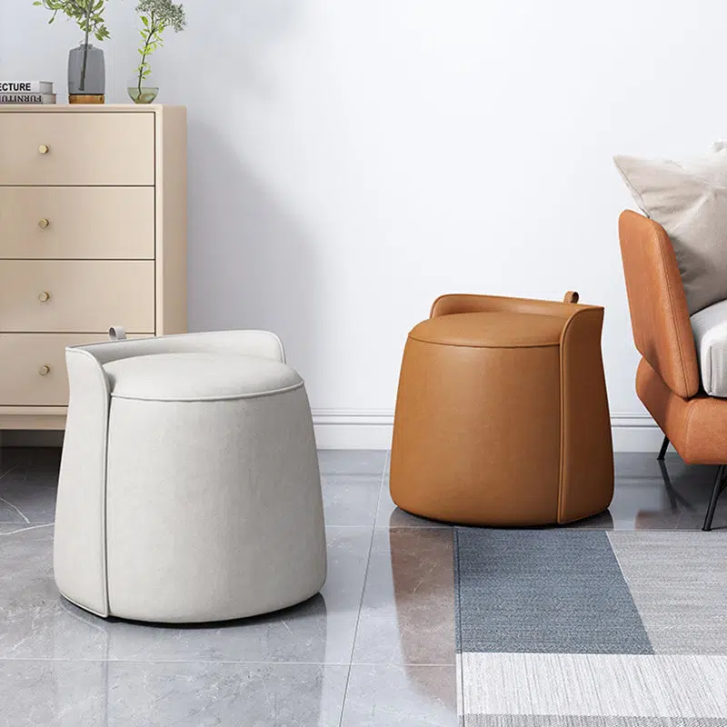 DFM-Chair-FA01144-12.jpg Contemporary Nordic Cylindrical Bucket Rotatable Technology Fabric Solid Wood Vanity Stool Backless Armless For Living Room - Image 1