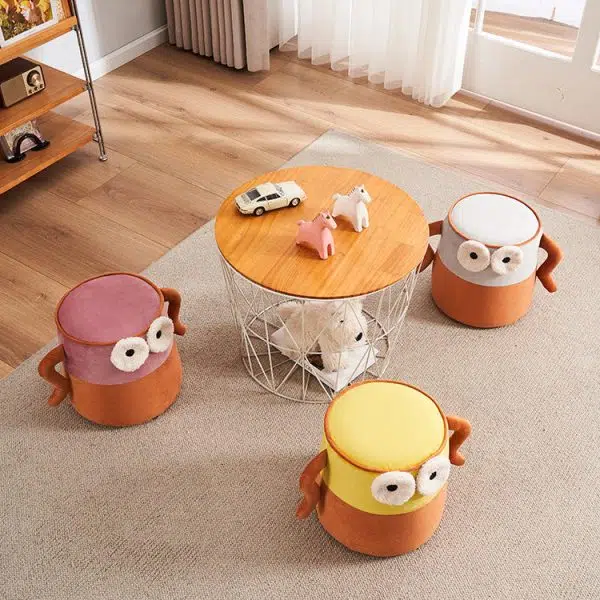 Contemporary Creative Cylinder Big Eyes Solid Wood Flannelette Footstool Backless Armless For Living Room - Image 12
