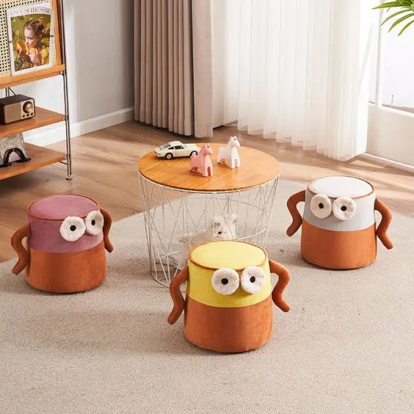 Contemporary Creative Cylinder Big Eyes Solid Wood Flannelette Footstool Backless Armless For Living Room - Image 11