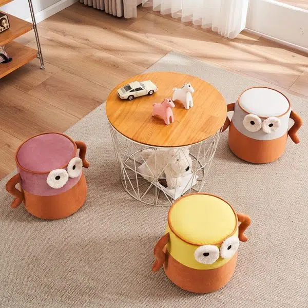 Contemporary Creative Cylinder Big Eyes Solid Wood Flannelette Footstool Backless Armless For Living Room - Image 3