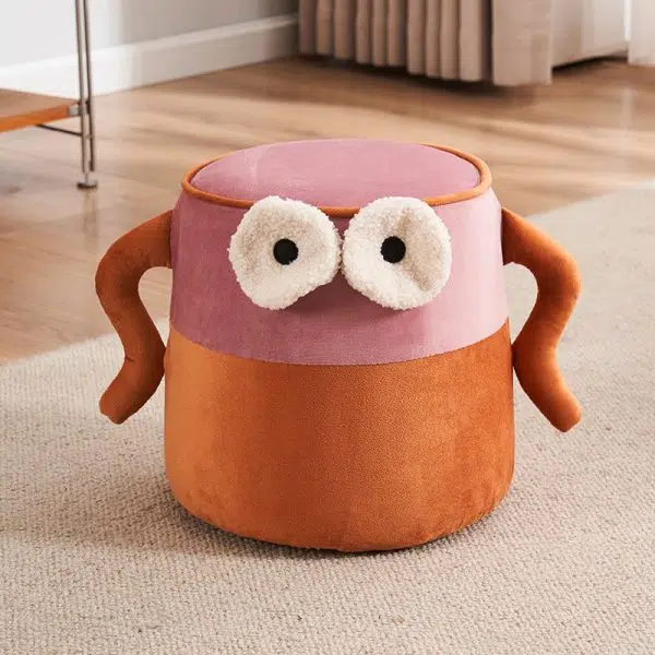 Contemporary Creative Cylinder Big Eyes Solid Wood Flannelette Footstool Backless Armless For Living Room - Image 16